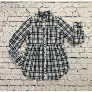 Free People Women’s Size 4 Blue Plaid Button Up Baby Doll Blouse Floral Accents